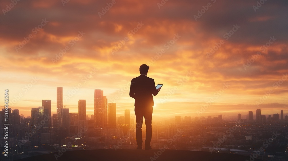 Fototapeta premium Urban Visionary, Entrepreneur surveying the skyline, tablet in hand, embodying innovation and leadership in a bustling city environment