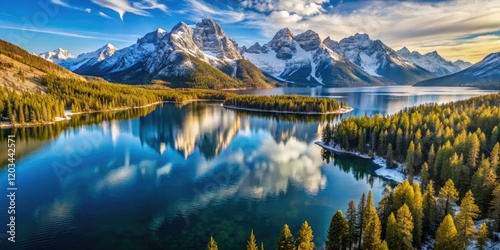 Grand Teton's Jenny Lake, a winter wonderland: first snow blankets the majestic peaks, captured by drone.