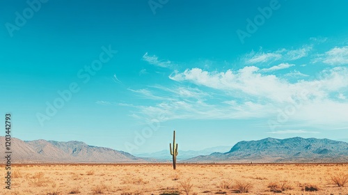 Minimalistic desert view with a single cactus and large sky for copyspace 