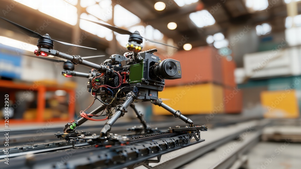 Fototapeta premium Drone Camera on Tracks in Industrial Warehouse Setting