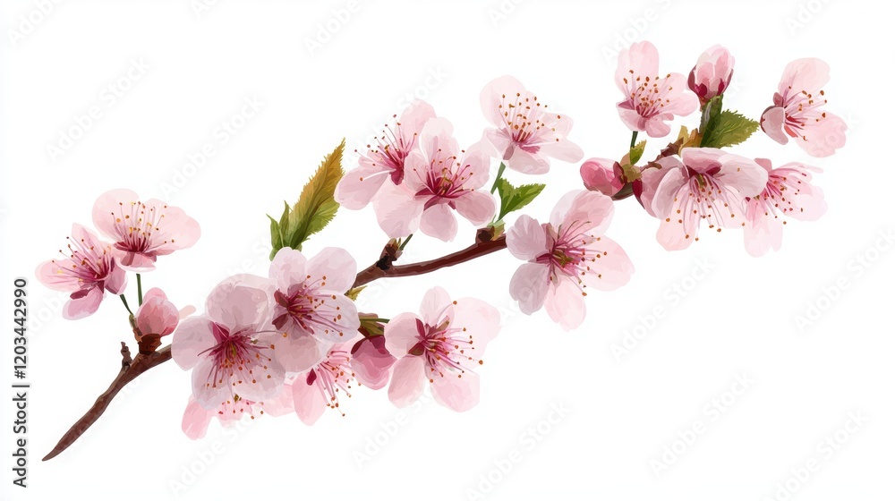 Pink cherry blossom branch displayed elegantly against a white background during springtime Pink cherry blossom branch displayed elegantly against a white background during springtime