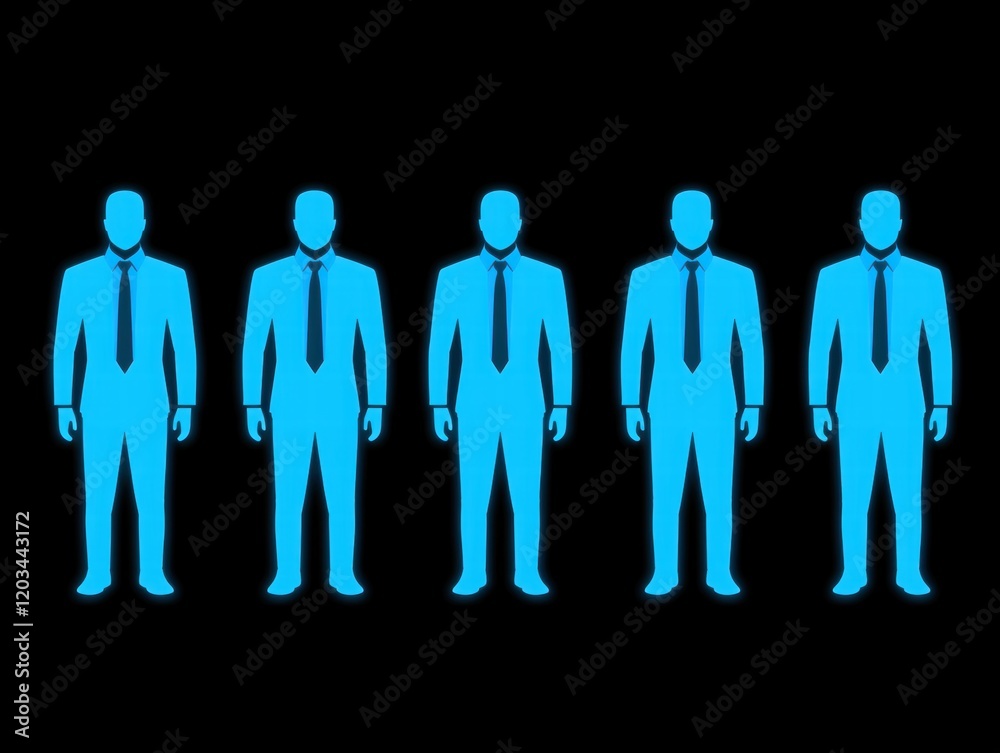 Group of Businessmen Silhouettes in Blue Color on Black Background Group of Businessmen Silhouettes in Blue Color on Black Background