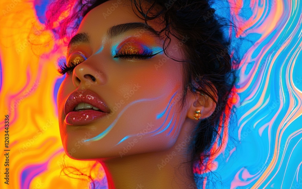 Obraz premium A close-up portrait of a young woman with vibrant makeup, set against a dynamic and colorful 3D abstract background.