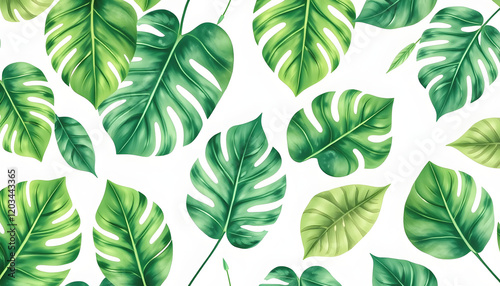 Green tropical leaves on white background. Watercolor hand painted seamless border. Floral tropic illustration. Jungle foliage pattern, isometry