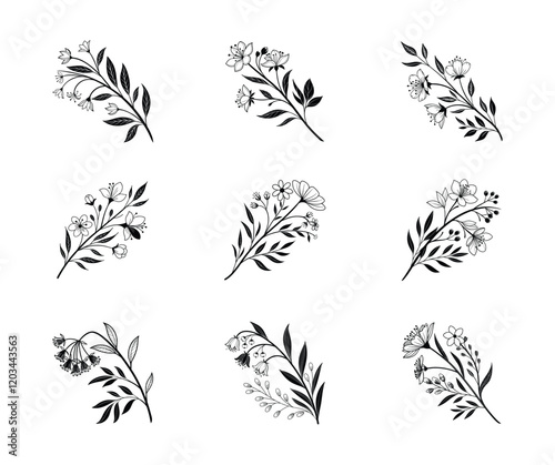 Black and White Botanical Art Minimal feminine botanical floral branch in silhouette style. Botanical rustic trendy greenery vector