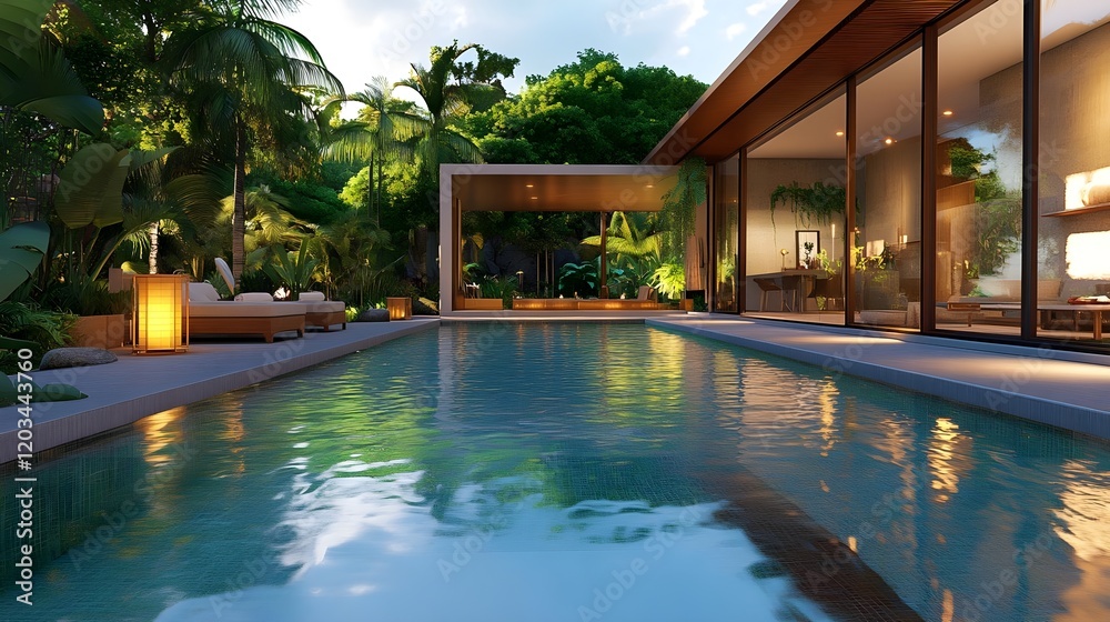 Fototapeta premium luxury tropical villa pool at dusk - luxury travel
