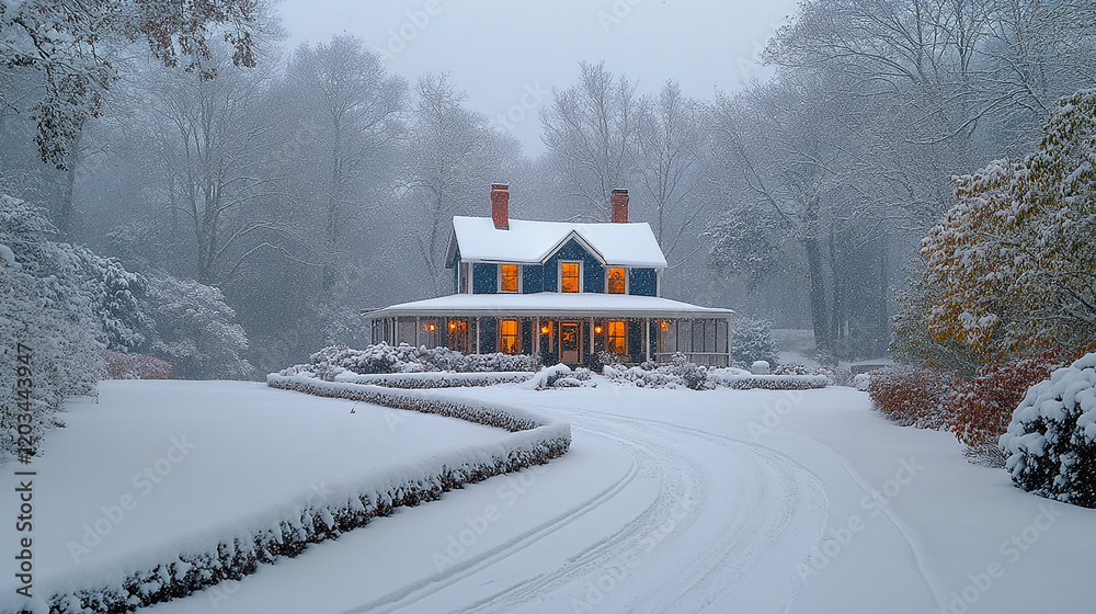 Naklejka premium A snow-covered driveway leads to a large, brick house surrounded by snowy trees. 