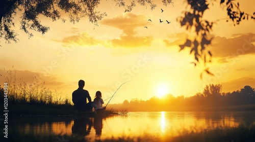 Father and daughter share a tranquil summer fishing experience on a serene river, embodying nostalgia and deep familial bonds photo