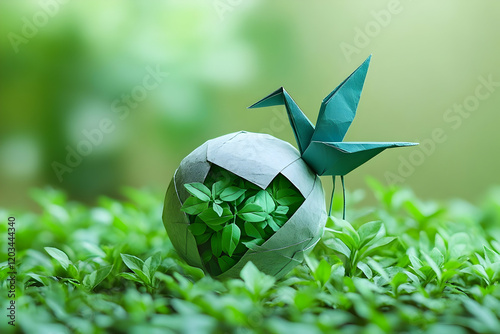 Origami Crane Perched on a Stone Sphere with Emerging Green Plants photo