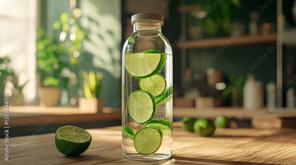 Highquality photorealistic image of reusable glass bottle with limeinfused water on wooden table Highquality photorealistic image of reusable glass bottle with limeinfused water on wooden table