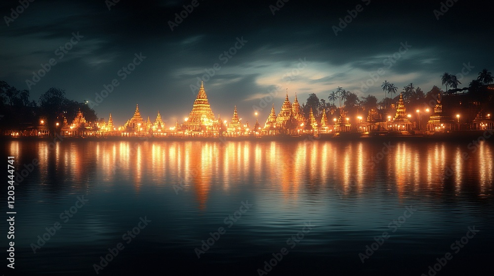Fototapeta premium Festival of Lights, vibrant temples aglow, shimmering reflections dance on serene waters, captivating evening ambiance