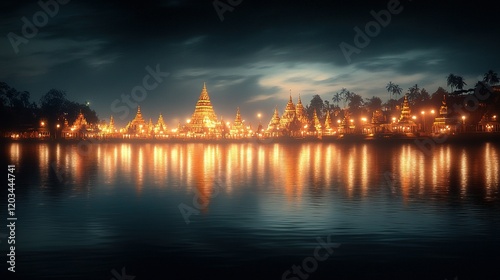 Festival of Lights, vibrant temples aglow, shimmering reflections dance on serene waters, captivating evening ambiance photo