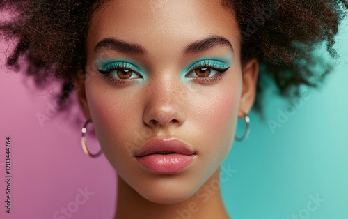 A close-up portrait of a young woman with artistic makeup, framed by a smooth and calming pastel matte backdrop.