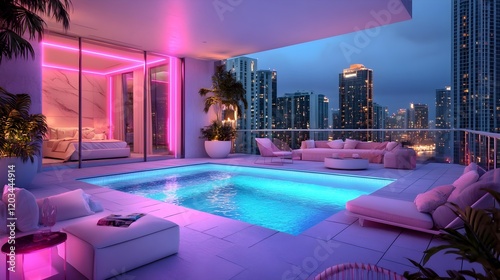 luxury penthouse pool night view - neon lighting