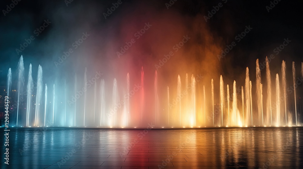 Fototapeta premium Festival of Lights Celebration, vibrant urban plaza filled with synchronized lights and fountain displays, creating a festive atmosphere