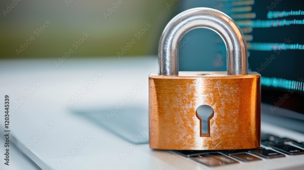 Fototapeta premium A digital padlock with a metallic finish is shown in front of a closed laptop computer on a white background