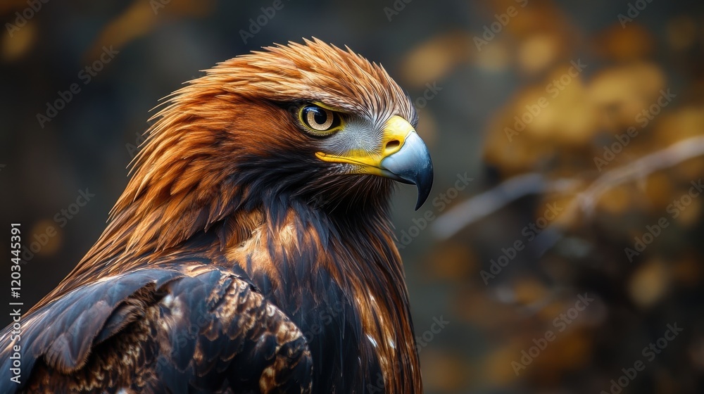 Naklejka premium Majestic golden eagle perched in a natural setting, showcasing its striking features and intense gaze