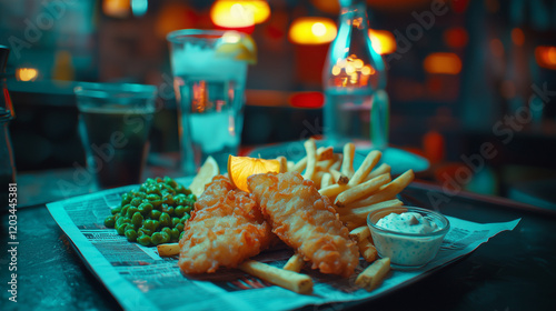 Traditional fish and chips served with peas, fries, tartar sauce, and lemon slice on a rustic table in a cozy restaurant photo