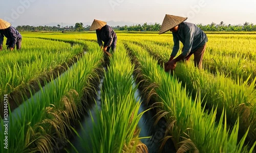 Farmers harvesting rice in lush green fields during sunset
