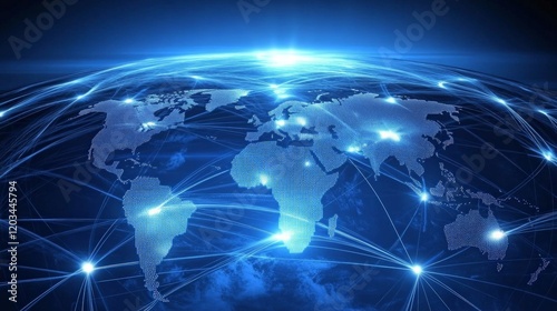 Global Network Connection with Digital World Map and Bright Lights