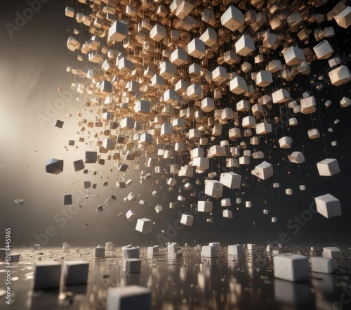 A mass of fine, delicate cubes suspended in mid-air, casting a dreamy, surreal ambiance , light, serene photo