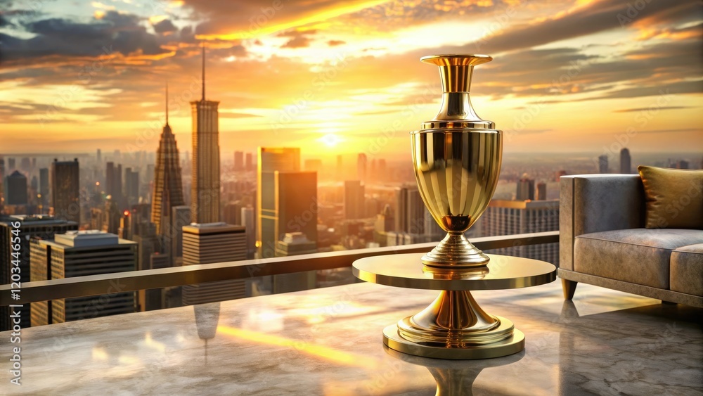 A luxurious gold-plated vase sits on a marble coffee table in front of a stunning city skyline at sunset, exuding opulence and sophistication, opulence, luxury, decor A luxurious gold-plated vase sits on a marble coffee table in front of a stunning city skyline at sunset, exuding opulence and sophistication, opulence, luxury, decor