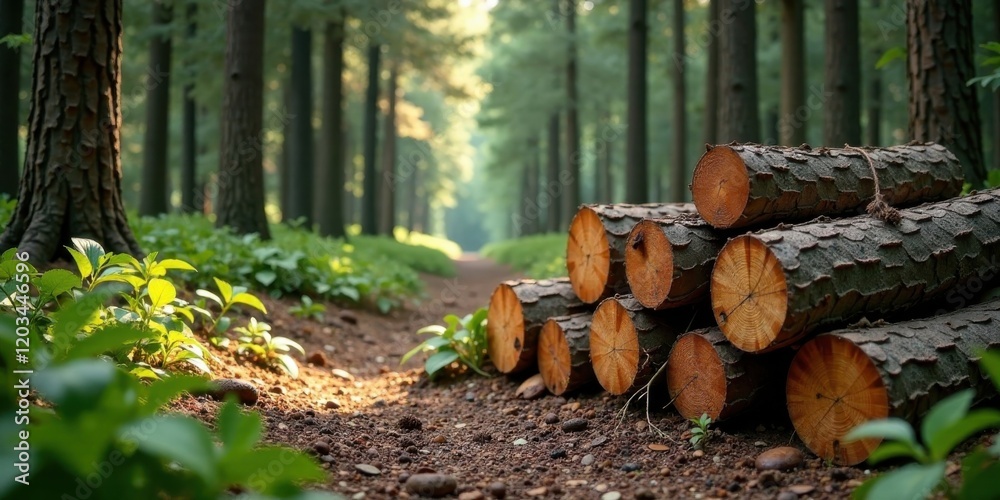 Forest Path with Stacked Logs in Sunlit Woods Forest Path with Stacked Logs in Sunlit Woods