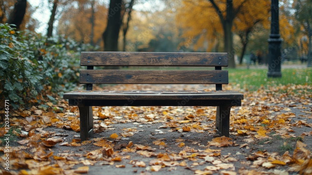 A weathered wooden bench sits amidst a carpet of fallen autumn leaves in a serene park setting, evoking tranquility and reflection A weathered wooden bench sits amidst a carpet of fallen autumn leaves in a serene park setting, evoking tranquility and reflection