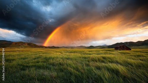 A stunning rainbow arches over vast green grasslands with a rustic red cabin, creating a picturesque view, evoking feelings of peace and the beauty of nature. photo