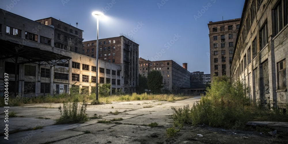 Obraz premium A lone spotlight illuminates an abandoned dilapidated cityscape, solitary light, crumbling buildings