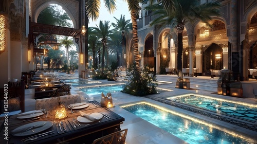 luxury arabian restaurant night scene - atmospheric lighting: the warm