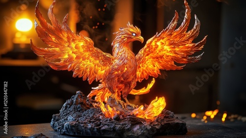 Fiery phoenix sculpture with glowing wings and embers in a dark setting photo