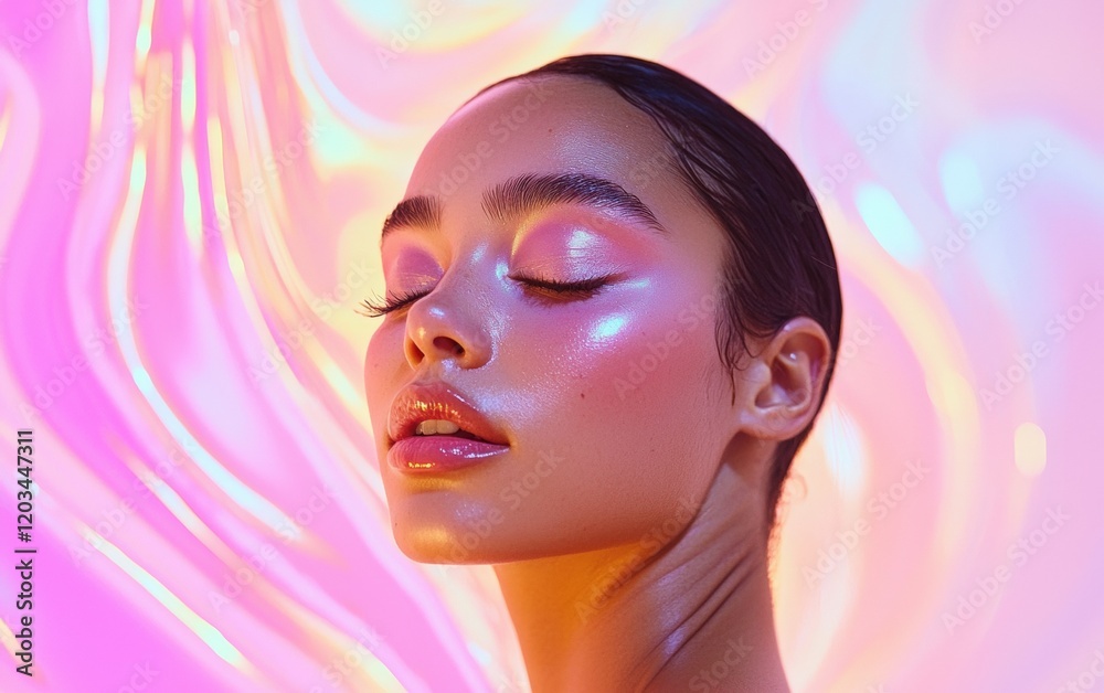 Fototapeta premium A dreamy beauty shot of a woman with luminous pink-toned makeup, glowing against a pastel-hued abstract swirl backdrop