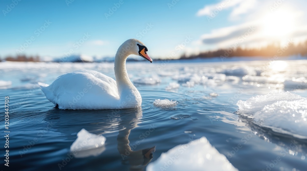 This image captures the beauty of a graceful swan gliding across a tranquil, icy lake under a bright blue sky, evoking feelings of peace and nature's elegance. This image captures the beauty of a graceful swan gliding across a tranquil, icy lake under a bright blue sky, evoking feelings of peace and nature's elegance.