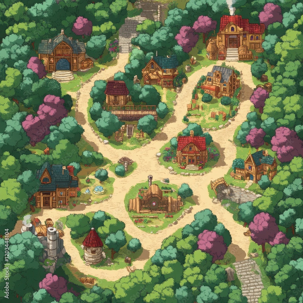 Fototapeta premium Enchanted Woodland Village: A charming hand-drawn illustration depicting a quaint village nestled amidst lush green forests, showcasing charming cottages, winding paths, and vibrant gardens.