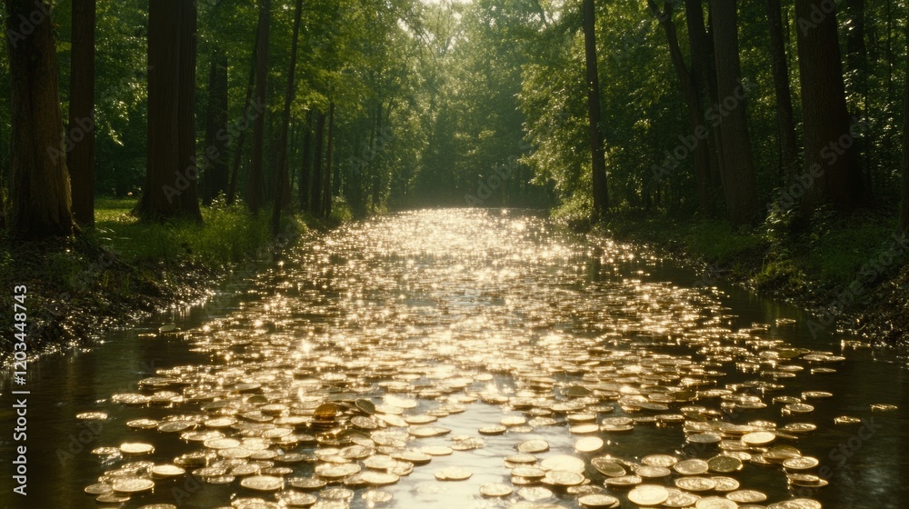 Obraz premium Golden Coins Float on Forest Stream Sunlight