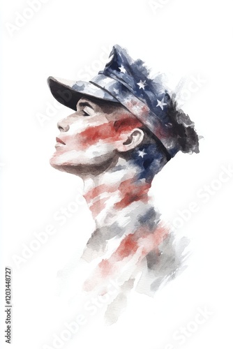 National Salute to Veteran Patients Patriotic soldier profile with american flag themed watercolor art