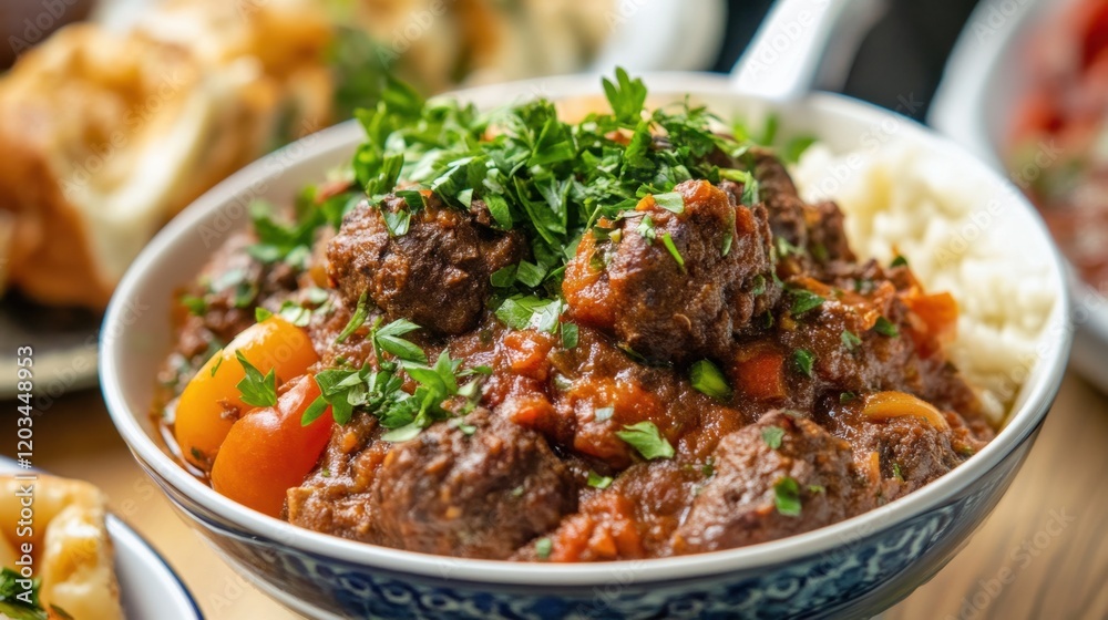 Hearty beef stew with vegetables and fresh parsley garnish Hearty beef stew with vegetables and fresh parsley garnish