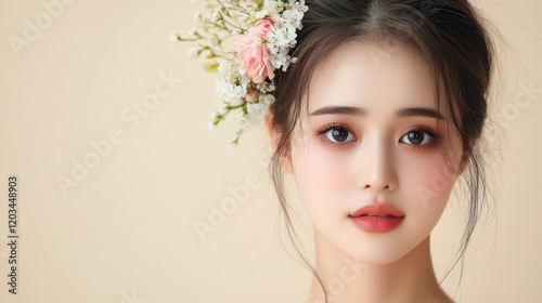 A beautiful woman with Asian features exudes elegance and charm, her flawless makeup and luxurious attire complemented by a serene beige background.