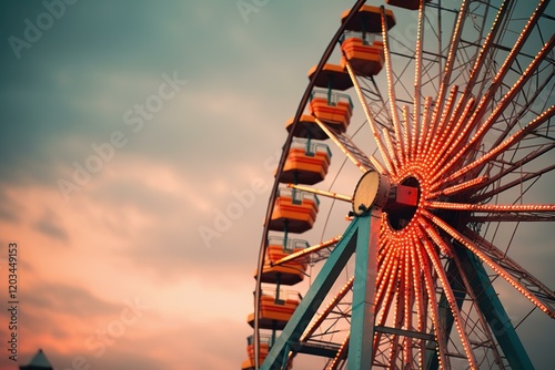 Ferris wheel with illuminated cabins rotating against dramatic sky at sunset in amusement park