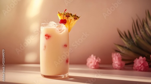 A minimalist shot of a Pina Colada mocktail in a tall glass, filled with a coconut milk base, pineapple juice, and ice, garnished with a pineapple slice and maraschino cherry. photo