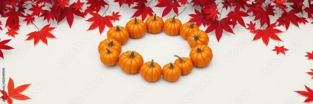 A cluA cluster of bright orange pumpkins arranged in a circular pattern against a backdrop of vibrant red maple leaves on a crisp white surface, pumpkins, harvest theme, autumnal colors A cluA cluster of bright orange pumpkins arranged in a circular pattern against a backdrop of vibrant red maple leaves on a crisp white surface, pumpkins, harvest theme, autumnal colors
