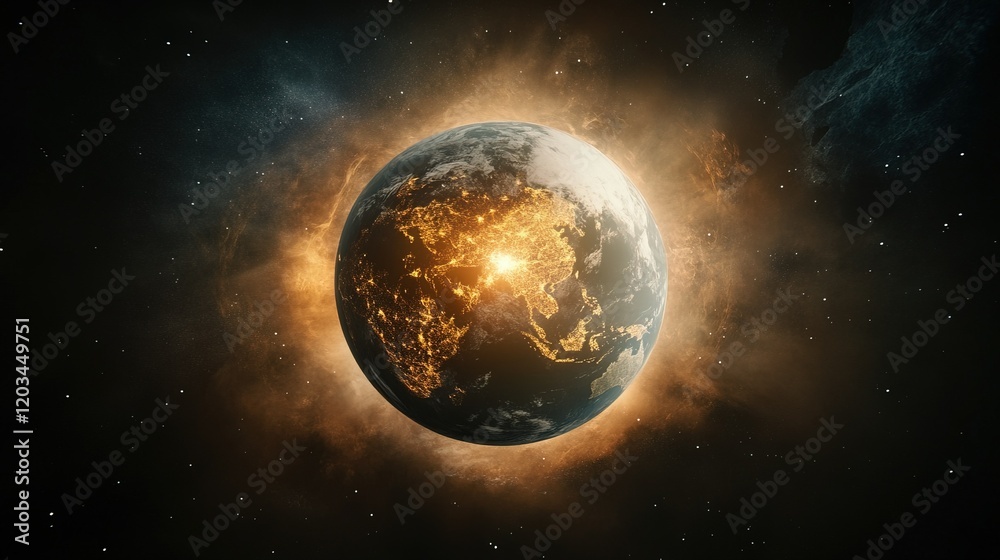 Fototapeta premium Global market analysis, world enveloped by dynamic data visuals, showcasing trends, insights, and economic landscapes in a vibrant format