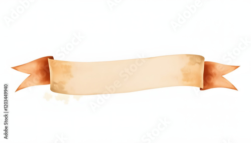 Watercolor vintage brown ribbon. Hand painted banners isolated on white background, Diffused lighting