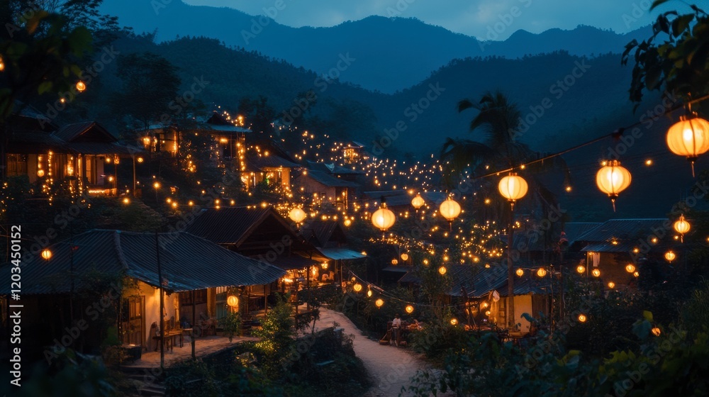Fototapeta premium A tranquil village lit by strings of lights and lanterns in celebration of Ramadan