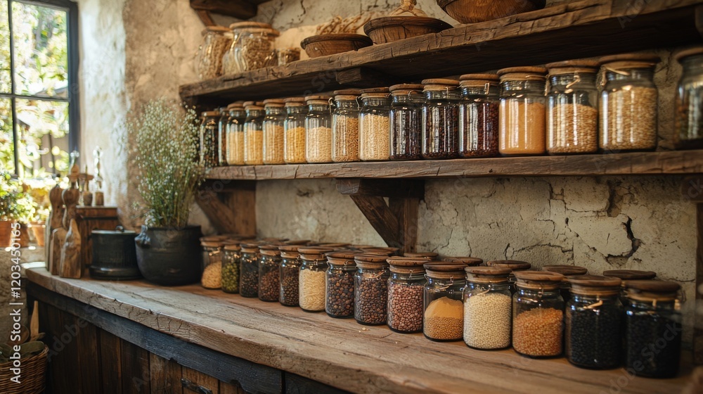 Rustic kitchen counter with neatly arranged dried goods and spices Rustic kitchen counter with neatly arranged dried goods and spices