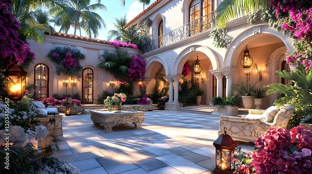 Fototapeta premium luxurious mediterranean courtyard at sunset - luxury lifestyle