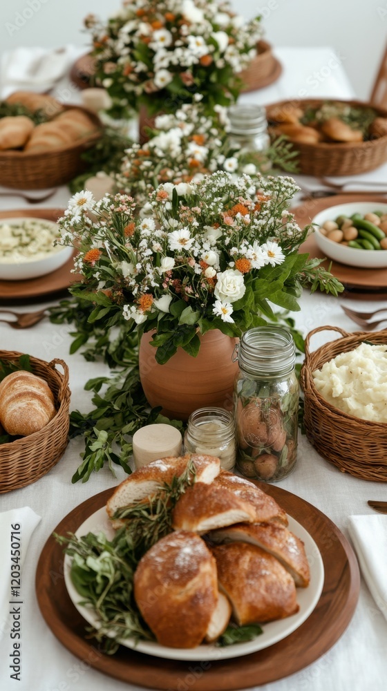 Rustic dining table with bread, floral centerpieces, and fresh vegetables Rustic dining table with bread, floral centerpieces, and fresh vegetables
