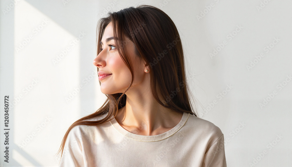 Smiling woman with long hair in profile view, natural beauty concept Smiling woman with long hair in profile view, natural beauty concept