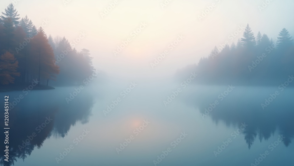 Fototapeta premium Misty morning by a lake with a mirror-like surface